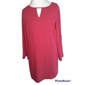 Ann Taylor Loft Dress Sz 14 Shift Shirt Pleated Long Bell Sleeve Red Lined Knee